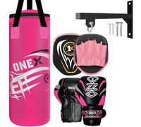 Kids Boxing 2FT Punch Bag Set with Gloves Focus Pads Wall Bracket & Fixings Filled Hanging Training Set for Youth Boys Girls Fitness Kickboxing MMA Home Gym Use (PINK)
