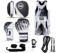 Kids boxing 6 PCS Black set uniform top & short 1022 boxing gloves 1113 focus pad rope wrap key ring Professional Training accessories kit for MMA Muay thai kickboxing - 4OZ (1113 Black, 7-8 year)