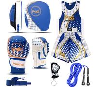 Kids boxing 6 PCS Blue set uniform top & short 1022 boxing gloves 1113 focus pad rope wrap key ring Professional Training accessories kit for MMA Muay thai kickboxing - 6OZ (1113 Blue, 7-8 year)
