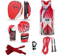 Kids boxing 6 PCS Red set uniform top & short 1022 boxing gloves 1113 focus pad rope wrap key ring Professional Training accessories kit for MMA Muay thai kickboxing - 6OZ (1113 Red, 5-6 Year)