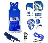 Kids boxing 6 pcs set uniform top & short Boxing gloves Blue 1021 Focus Pad Blue 1109 Wrap-Rope-key chain Professional accessories kit for sparring sports - 6OZ (1109 Blue, 7-8 Year)