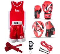 Kids boxing 6 pcs set uniform top & short Boxing gloves Red 1021 Focus Pad Red 1109 Wrap-Rope-key chain Professional accessories kit for sparring sports - 6OZ (1109 Red, 11-12 Year)