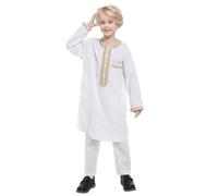 Kids Boys Arabic Muslim Thobe 2 Pieces Sets Kaftan Long Sleeve Robe Round Collar Button Thobe with Pants Long Sleeve Top and Pants Dubai Islamic Clothes Prayer Clothes Outfit with Pockets White