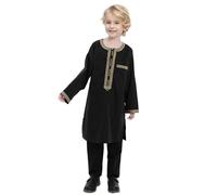 Kids Boys Arabic Muslim Thobe 2 Pieces Sets Kaftan Long Sleeve Robe Round Collar Button Thobe with Pants Long Sleeve Top and Pants Dubai Islamic Clothes Prayer Clothes Outfit with Pockets Black