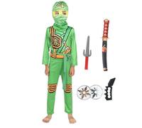 Kids Boys Blue Green Red Yellow Ninja Warrior Costume Set with Weapons Mask and Accessories (green, 150)