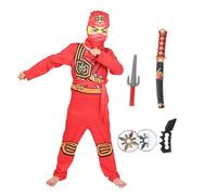 Kids Boys Blue Green Red Yellow Ninja Warrior Costume Set with Weapons Mask and Accessories (red, 120)