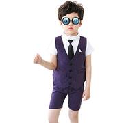 Kids Boys Formal Wedding Suit, Stripes Waistcoat+ Short Sleeve Shirt + Bow Tie + Elastic Waist Suit Shorts 4 Pieces Gentleman Outfits Clothing Set,Purple-4PCS,5-6