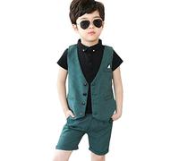 Kids Boys Formal Wedding Suit, Stripes Waistcoat+ Short Sleeve Shirt + Bow Tie + Elastic Waist Suit Shorts 4 Pieces Gentleman Outfits Clothing Set,Green Black-4PCS,7-8