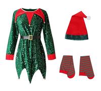 Kids Boys Girls Christmas Elf Costume Shiny Long Sleeve Sequin Dress with Hat and Stripe Socks 3PC Christmas Outfit Elegant Party Dress with Sleeves for Parades Holiday Parades as Elf Outfit