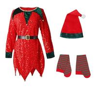 Kids Boys Girls Christmas Elf Costume Shiny Long Sleeve Sequin Dress with Hat and Stripe Socks 3PC Christmas Outfit Elegant Party Dress with Sleeves for Parades Holiday Parades as Elf Outfit