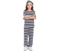 Kids Boys Girls Inmate Prisoner Set 3 Piece Black White Striped Outfit With Cap For Cosplay Role Play