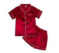 Kids Boys Girls Pajamas Sleepwear, Teens All Season Pure Color Fake Silk Satin Short Sleeve Pajamas Set 2 Pieces Nightwear Homewear Pjs(Red,11-12Y)