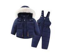 Kids Boys Girls Snowsuit Winter Hooded Down Coat Jacket +Bib Pants Snow Trousers 2 pcs Clothing Set Kids Unisex Hooded Down Coats Solid Puffers Outerwear Pant Sets (Navy, 18-24 Months)