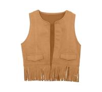 Kids Boys Girls Western Cowboy Tassel Trim Vest Sleeveless Crew Neck Waistcoat Vintage Jacket Vest Top Fancy Party Cardigan Cowboy Outfit Stage Festival Costume Khaki