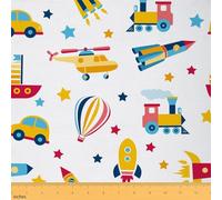 Kids Boys Spacecraft Fabric by The Yard,Cartoon Airplane Car Train Fabric for Chairs Sofa,Colorful Rocket Stars Balloon Print Outdoor Fabric DIY,2 Yards