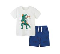 Kids Boys Summer 2Pcs Set, Dinosaur Shark Print Short Sleeve Tee & Shorts 2-7Y