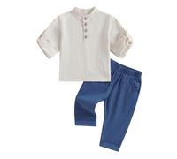 Kids Boys Summer Outfits Solid Color Buttons Short Sleeve Shirts and Elastic Waist Long Pants 2Pcs Set Baby Boys Clothes (haze blue,)