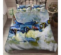 Kids Boys Teens Adventure Bedding Set Retro Airplane Ancient Fighter Airliner Blue Sky Aviation Aircraft Runway 3D Print Zipper Duvet Cover Pillowcases (Style 8, Single)