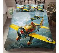 Kids Boys Teens Adventure Bedding Set Retro Airplane Ancient Fighter Airliner Blue Sky Aviation Aircraft Runway 3D Print Zipper Duvet Cover Pillowcases (Style 2, Single)