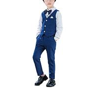 Kids Boys Wedding Outfits Set Page Boy Gentleman Party Christening Clothes Set Baby Boys Tuxedo Formal Suit 2-13 Years Child Trousers Set Waistcoat Suits Long Sleeve Shirt Pants Vest Bow Tie Blue