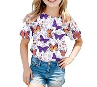 Kids Butterfly T Shirts Girls Age 3-13 Years Fashion Graphic Round Neck Short Sleeve Teenage Girls Tshirts Comfy Summer Cartoon Cute Casual Jogging Running Tops (White-2, 8-9 Years)