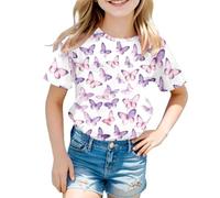 Kids Butterfly T Shirts Girls Age 3-13 Years Fashion Graphic Round Neck Short Sleeve Teenage Girls Tshirts Comfy Summer Cartoon Cute Casual Jogging Running Tops (Purple, 3-4 Years)