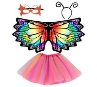 Kids Butterfly Wings Costume Set, 4 Pack Kids Butterfly Costume with Fairy Butterfly Wings Cape Tutu Headband and Mask Kit for 3-8 Years Girls Halloween Party Cosplay (Rainbow)