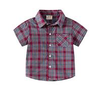 Kids Button Down Athletic Plaid Polo Shirt Toddler Baby Short Sleeve Lapel Shirts with one Pocket Boys Girls Tops Outwear Gingham Summer Clothing Classic Formal Outfit (Red, 12-18 Months)