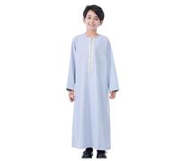 Kids Button-Down Thobe for Boys Solid Color Moroccan Thobe with Pockets Muslim Prayer Clothing Long Sleeve Eid Clothes Kids Jubba Kaftan for Eid Gifts and Ramadan Evening Gatherings Grey