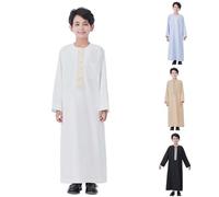 Kids Button-Down Thobe for Boys Solid Color Moroccan Thobe with Pockets Muslim Prayer Clothing Long Sleeve Eid Clothes Kids Jubba Kaftan for Eid Gifts and Ramadan Evening Gatherings White