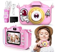 Kids Camera, Astronaut Digital Camera with 20MP Dual Lens and 64GB Card, Shockproof Children Camera Toy with 2.0 Inch IPS Screen for Boys & Girls Age 3-12(Pink)