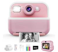 Kids Camera Instant Print, 1080P HD 2.4" Front Rear Dual Selfie Digital Camera for Kids with 32GB Card & 3 Rolls Paper, Birthday Gifts Childrens Selfie Toys for Boys Girls Age 3-12 (Pink)