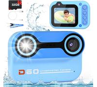 Kids Camera Waterproof, 10FT/3M Underwater Camera for Kids 26MP 1080P HD 10X Digital Zoom with 2.4" IPS Screen, Toddler Digital Action Camera with 32GB Card, Gifts Pool Toys for Ages 4-12, (Blue)