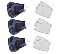 Kids Camouflage Cotton Face Mask Reusable, Washable & Dust Proof, Breathable & Safety Mask with 6pcs Filter, Anti-Pollution Mask, Unisex Face Cover, Blue Camo, 3pcs