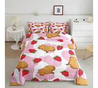 Kids Capybaras Duvet Set Animals Lovers Bedding Set for Boys Girls Bedroom Decor Cutes Capybara Duvet Insert Strawberry Print Down Duvet With 1 Pillow Case Single
