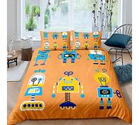 Kids Cartoon Bedding Set Cute Funny Robot Pattern Duvet Cover For Kids Children Teens Pop Art Whimsy Comforter Cover Chic Blue Orange Bedspread Cover Bedroom Decor Quilt Cover 3Pcs King Size
