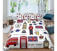 Kids Cartoon Big Ben Comforter Cover Red Telephone Booth Bus Bedding Set for Boys Girls Children Retro London UK Theme Duvet Cover Stain Resistant England Room Decor Single Size Quilt Cover 2Pcs