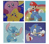 Kids Cartoon Characters Super Mario Stitch Diamond Painting Kits, 4 Pack Diamond Art For Kids Beginners, 5d Diy Gem Painting Big Realistic Gem Full Dr