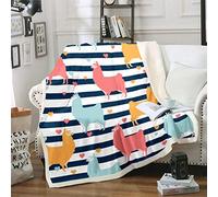 Kids Cartoon Llama Alpaca Plush Blanket Cute Llama Fleece Throw Blanket White Blue Stripe Sherpa Blanket for Boys Girls South American Animals Fuzzy Blanket Bed Chair Room Decor Baby 30x40 Inch