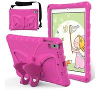 Kids Case Compatible with iPad 9th/8th/7th Generation 2021/2020/2019 10.2 Inch, Butterfly Design EVA Lightweight Friendly Shockproof Cute Protective Cover, with Stand + Shoulder Strap,Rose Red