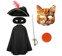 Kids Cat Bandit Costume - Black Cape, Tricorn Hat, Orange Cat Mask, Eye Mask, Fake Sword, Orange Facepaint - Childs Boys Girls TV Film Fancy Dress Costume