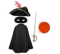 Kids Cat Bandit Costume - Black Tricorn Hat, Black Cape, Black Eye Mask, Fake Sword and Orange Facepaint - Childs TV Movie World Book Day Fancy Dress Costume