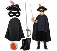 Kids Cat Bandit Hero Costume Set - Boys Girls Feline Adventurer Outfit Includes Black Cape, Feathered Hat, Mask, Boot Covers & Sword - World Book Day, Halloween - Childs Fancy Dress Costume