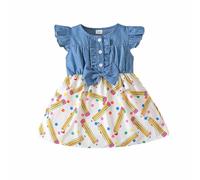 Kids Chains Girls Dresses Casual Playful Flutter Sleeve Bow Tie Print Pencil Dress for Toddlers Spring Summer Outfit School Season Comfortable Elastic Waist Girls Valance, blue, 5-6 Years