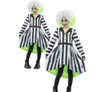 Kids Child Beetlejuice Costume Girls 80s Movie Halloween Fancy Dress Outfit