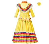 Kids Child Girls Mexican Traditional Dress National Long Sleeve Dance Dress with Headdress Flower Carnival Birthday Party Dress Bow Set (Yellow, 6-8 Years)