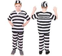 Kids Childrens Prisoner Costume - Unisex Black And White Striped Convict Fancy Dress Costume Including Top, Trousers And Hat For Boys & Girls