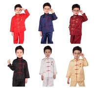 Kids Chinese Kongfu Traditional Outfits Long Sleeve Top Trousers Set 2 Piece Girls Boys Wing Chun Clothes Button Up Stand Collar (White, 2 Years)