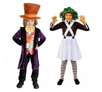 Kids Chocolate Factory Duo Costume - X-Large Factory Boss Coat, Bowtie & Hat, Medium Factory Worker Dungarees, Wig, Gloves, Tights, Facepaint - Boys Girls School Book Week World Book Day Fancy Dress