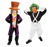 Kids Chocolate Factory Duo Costume - X-Large Factory Boss Coat, Bowtie & Hat, Medium Factory Worker Dungarees, Green Wig, Gloves, Facepaint - Boys School Book Week World Book Day Fancy Dress